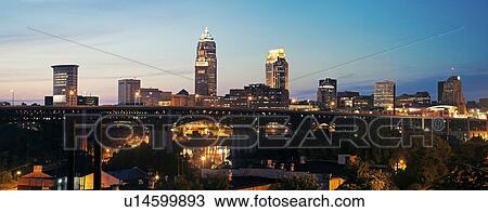Stock Image - USA, Ohio, Cleveland, Often called city of bridges, at dusk. Fotosearch