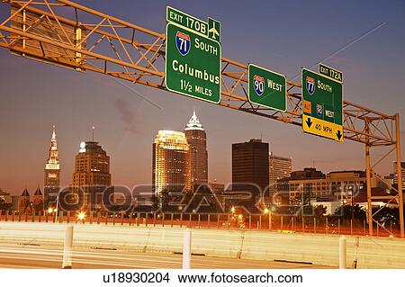 USA, Ohio, Cleveland, View from expressway at dusk View Large Photo Image Picture - USA, Ohio, Cleveland, View from expressway at dusk. Fotosearch