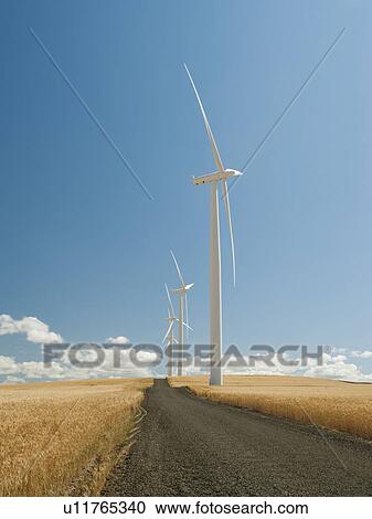 Stock Image - USA, Oregon, Wasco, Wind turbines along dirt road between wheat fields. Fotosearch