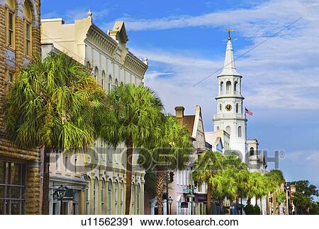 Stock Image - USA, South Carolina, Charleston, Church Street, St. Philip's Church. Fotosearch