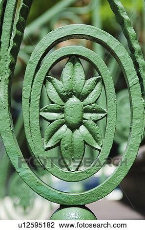 Stock Image - USA, South Carolina, Charleston, Detail of green iron balustrade. Fotosearch