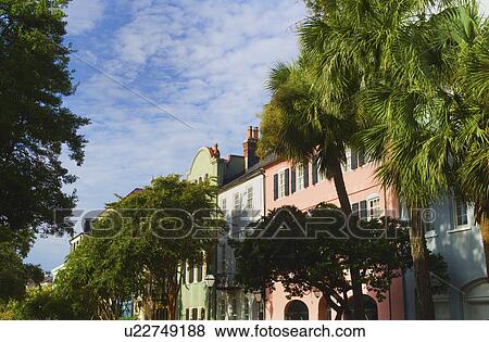 Stock Photo - USA, South Carolina, Charleston, Rainbow Row, Bay Street, Houses in residential district. Fotosearch