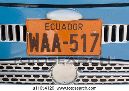 Stock Photograph - Close-up of a Equador license plate on a vehicle, Puerto Baquerizo Moreno, San Cristobal Island, Galapagos Islands, Ecuador. Fotosearch