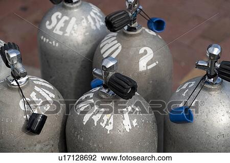 Stock Image - Close-up of air tanks, Puerto Baquerizo Moreno, San Cristobal Island, Galapagos Islands, Ecuador. Fotosearch