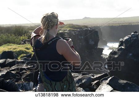 Female tourist at a rocky coast, Punta Suarez, Espanola Island, Galapagos Islands, Ecuador View Large Photo Image Stock Photo - Female tourist at a rocky coast, Punta Suarez, Espanola Island, Galapagos Islands, Ecuador. Fotosearch