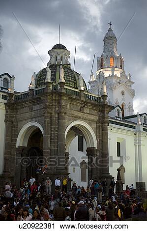 Stock Image - People at a cathedral, Cathedral of Quito, Plaza de Independencia, Historic Center, Quito, Ecuador. Fotosearch