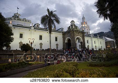 Stock Image - People at a cathedral, Cathedral of Quito, Plaza de Independencia, Historic Center, Quito, Ecuador. Fotosearch