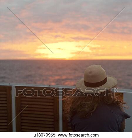 Stock Photography - Rear view of a woman in a boat, Tagus Cove, Isabela Island, Galapagos Islands, Ecuador. Fotosearch