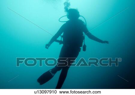 Stock Image - Scuba diver swimming underwater, San Cristobal Island, Galapagos Islands, Ecuador. Fotosearch