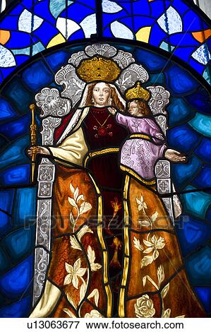 Stock Photo - Stained glass window of Virgin Mary, Virgin Mary Of Quito, Panecillo Hill, Quito, Ecuador. Fotosearch