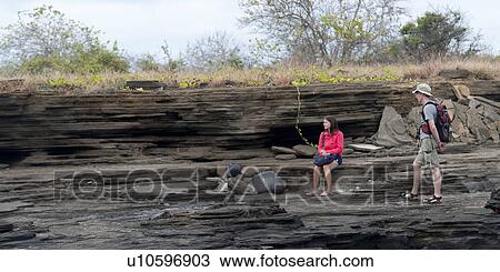 Stock Image - Tourists near rocks, Puerto Egas, Santiago Island, Galapagos Islands, Ecuador. Fotosearch