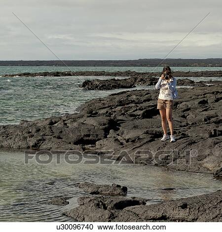 Stock Image - Woman photographing on the beach, Punta Espinoza, Fernandina Island, Galapagos Islands, Ecuador. Fotosearch
