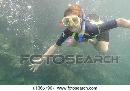 Woman swimming underwater, San Cristobal Island, Galapagos Islands, Ecuador View Large Photo Image Stock Photo - Woman swimming underwater, San Cristobal Island, Galapagos Islands, Ecuador. Fotosearch