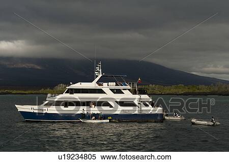 Stock Photography - Yacht and boats in the Pacific Ocean, Punta Espinoza, Fernandina Island, Galapagos Islands, Ecuador. Fotosearch