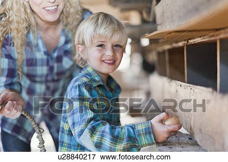 Stock Photo - Boy picking eggs from hens. Fotosearch