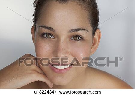 Close up of woman's smiling face View Large Photo Image Stock Photo - Close up of woman's smiling face. Fotosearch