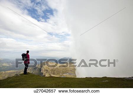 Hiker overlooking view from mountaintop View Large Photo Image Stock Photo - Hiker overlooking view from mountaintop. Fotosearch