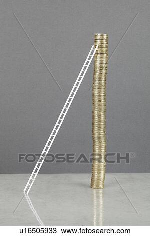 Ladder leaning on stack of coins View Large Photo Image Stock Image - Ladder leaning on stack of coins. Fotosearch