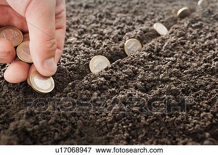Stock Photo - Man planting Euro coins in soil. Fotosearch
