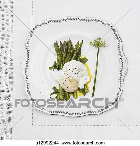 Picture - Plate of poached egg and asparagus. Fotosearch