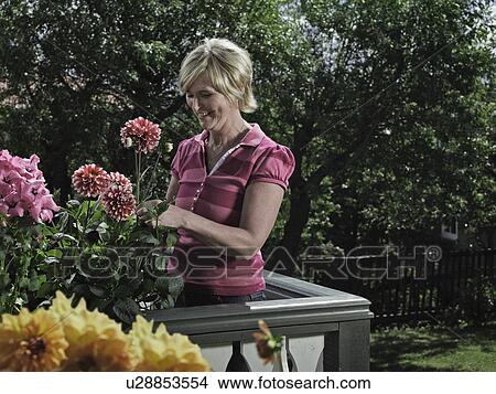 Picture - Woman gardening on balcony. Fotosearch