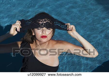 Woman posing by swimming pool View Large Photo Image Stock Photo - Woman posing by swimming pool. Fotosearch
