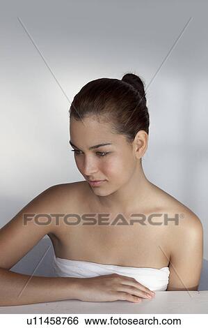Stock Photograph - Woman wrapped in towel. Fotosearch