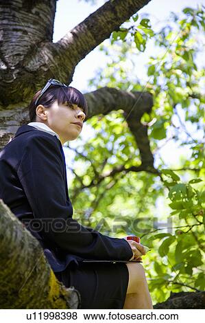 Stock Photo - Businesswoman sitting in tree. Fotosearch