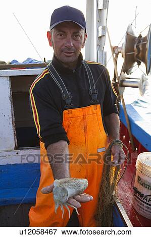 Fisherman holding squid on boat View Large Photo Image Stock Photo - Fisherman holding squid on boat. Fotosearch