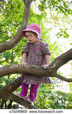 Stock Image - Girl climbing tree in forest. Fotosearch
