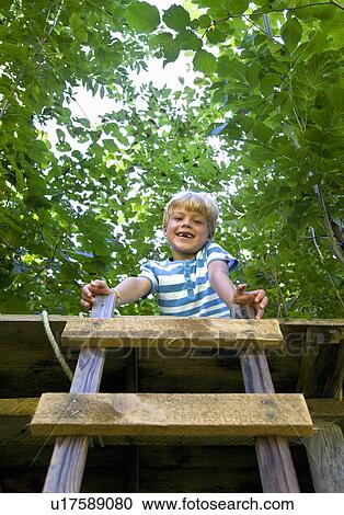 Smiling boy sitting in treehouse View Large Photo Image Stock Image - Smiling boy sitting in treehouse. Fotosearch