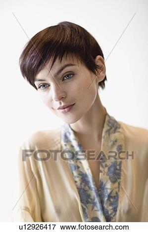 Smiling woman wearing sheer robe View Large Photo Image Stock Photo - Smiling woman wearing sheer robe. Fotosearch