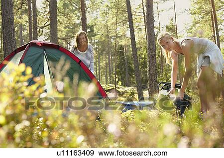 Stock Photo - Women setting up campsite in forest. Fotosearch
