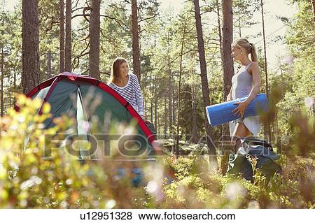 Women setting up campsite in forest View Large Photo Image Stock Photo - Women setting up campsite in forest. Fotosearch