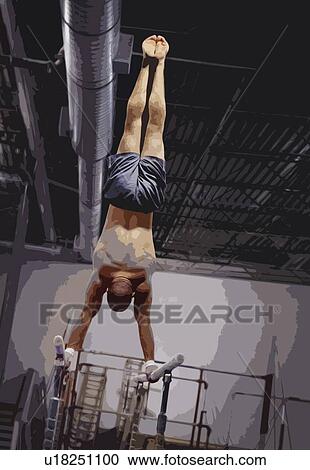 Stock Image - Gymnast Balancing On Parallel Bars; Edmonton, Alberta, Canada. Fotosearch