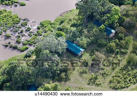 Stock Image - Aerial view of Rekero Camp with tent accommodation beside river, Masai Mara, Kenya, East Africa. Fotosearch