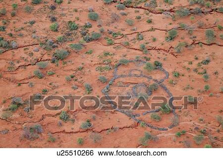 Stock Photograph - Aerial view of sandy Lewa Downs plain with circular outline of Masai village, scattered acacia trees, Lewa Downs, Kenya, East Africa. Fotosearch