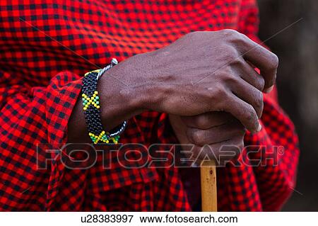 Stock Photo - Detail of Masai warrior hands folded, resting on traditional Masai stick, wearing beaded bracelet, and traditional red and black checked shuka, Amboseli, Kenya, East Africa. Fotosearch