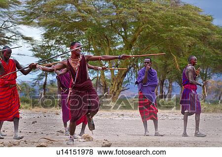 Stock Photo - Masai Olympics: group of Masai warriors, all dressed in traditional red and blue shukas, stand in line for spear throwing competition, as one throws his spear, holding traditional stick for balance, Amboseli, Kenya, East Africa. Fotosearch