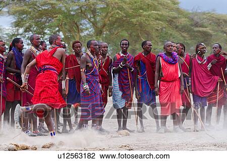 Stock Image - Masai Olympics: group of nearly twenty Masai warriors, all dressed in traditional red and blue shukas, stand in line for spear throwing competition, as one throws his spear, holding traditional stick for balance, Amboseli, Kenya, East Africa. Fotosearch