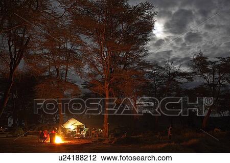 Stock Image - Masai safari camp: Masai sit around camp fire, with kitchen tent behind, jeep in background, tall trees with cloudy grey sky at full moon, Amboseli, Kenya, East Africa. Fotosearch