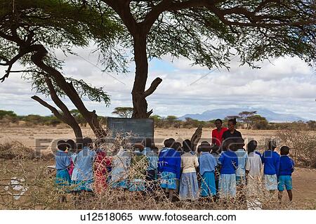 Masai school out on the plains: as seen from the back, a group of children stand in the acacia thorn enclosure in front of a blackboard under a tree, while the teacher, dressed in a bright red dress, teaches them English, with an assistant standing nearby View Large Photo Image Stock Photography - Masai school out on the plains: as seen from the back, a group of children stand in the acacia thorn enclosure in front of a blackboard under a tree, while the teacher, dressed in a bright red dress, teaches them English, with an assistant standing nearby. Fotosearch