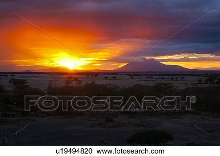 Sunset at Amboseli: dramatic red orange yellow against stormy grey clouds, over distant mountain, sandy plains and trees in foreground, Amboseli, Kenya, East Africa View Large Photo Image Stock Image - Sunset at Amboseli: dramatic red orange yellow against stormy grey clouds, over distant mountain, sandy plains and trees in foreground, Amboseli, Kenya, East Africa. Fotosearch