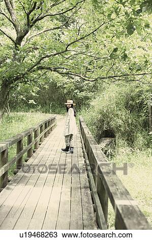 Stock Image - A young woman in the forest. Fotosearch