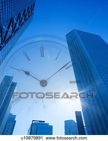 Stock Image - Clock and Skyscrapers. Fotosearch