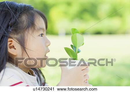 Stock Image - Girl holding a potted plant. Fotosearch