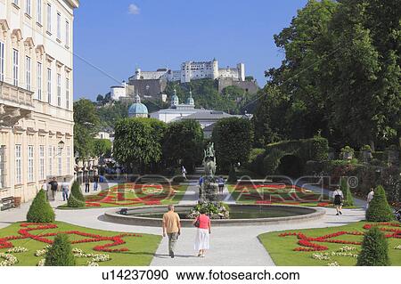 Stock Image - Hohensalzburg Fortress and Mirabellgarten. Fotosearch
