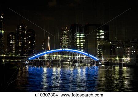 Picture - Illuminated Eitai bridge at night, Chuo Ward, Tokyo, Honshu, Japan. Fotosearch