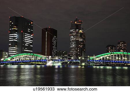 Stock Image - Kachidoki bridge at night, Chuo ward, Tokyo, Honshu, Japan. Fotosearch
