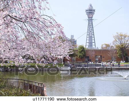 Stock Image - Kawazoko pond and Tsutenkaku tower, Osaka Prefecture, Honshu, Japan. Fotosearch